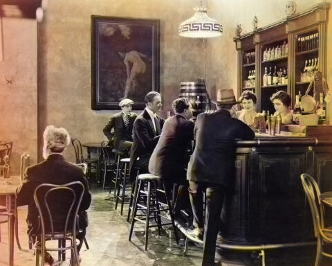archive photo of men in the bar talk to bartenders
