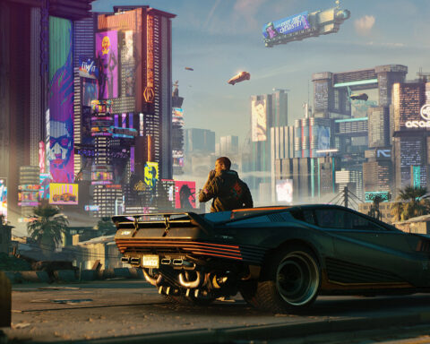 screen shot from cyberpunk game shows man in the future city