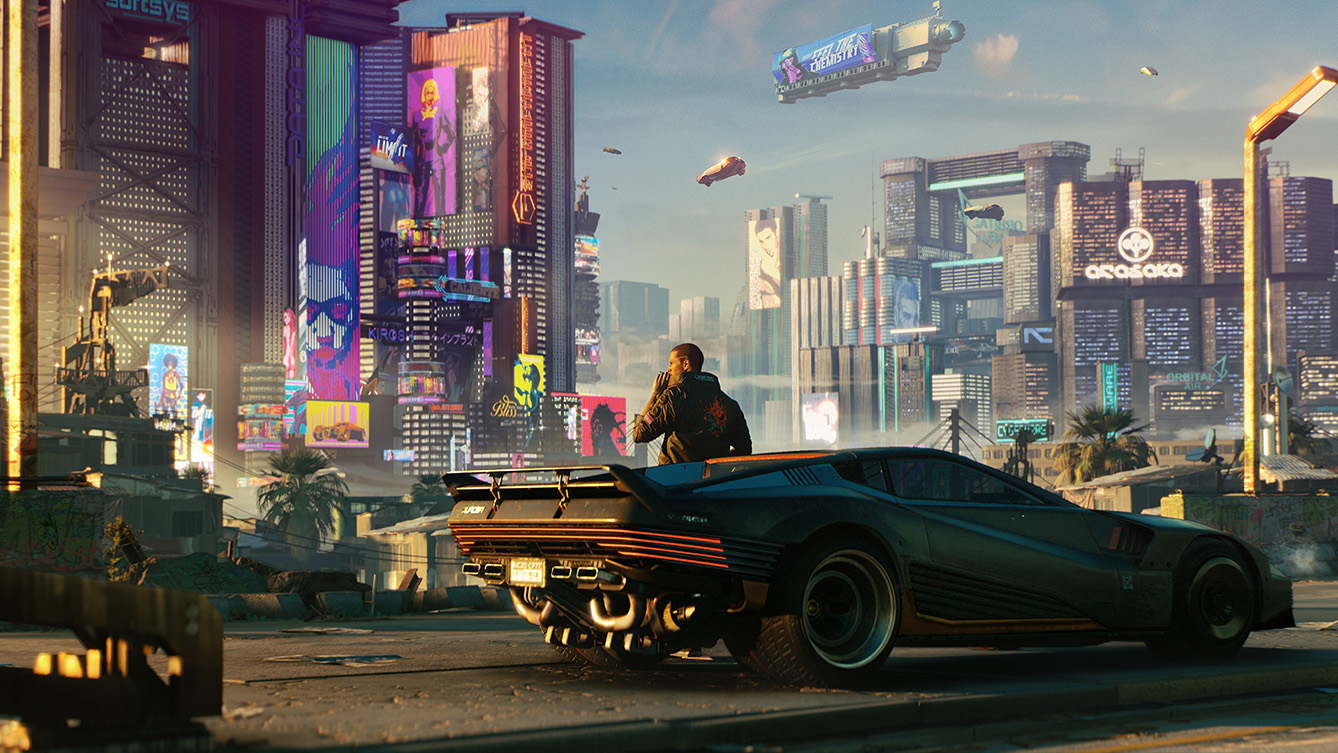 screen shot from cyberpunk game shows man in the future city