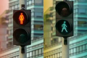 pedestrian crossing lights in vilnius Lithuania get a wardrobe change from men to women