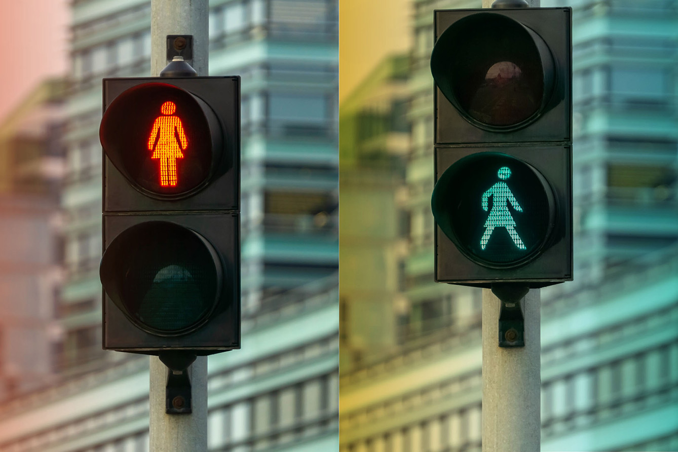pedestrian crossing lights in vilnius Lithuania get a wardrobe change from men to women