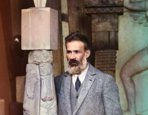 Constantin Brancusi Standing Next to Sculpture archive photo