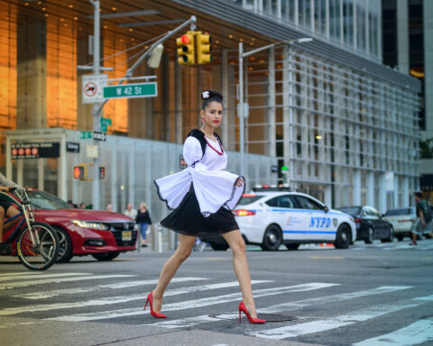 Model on New York street wearing Romanian fashion clothes