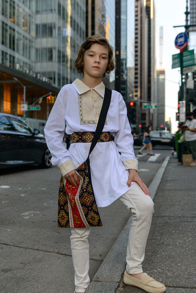 model on New York street wearing Romanian clothes