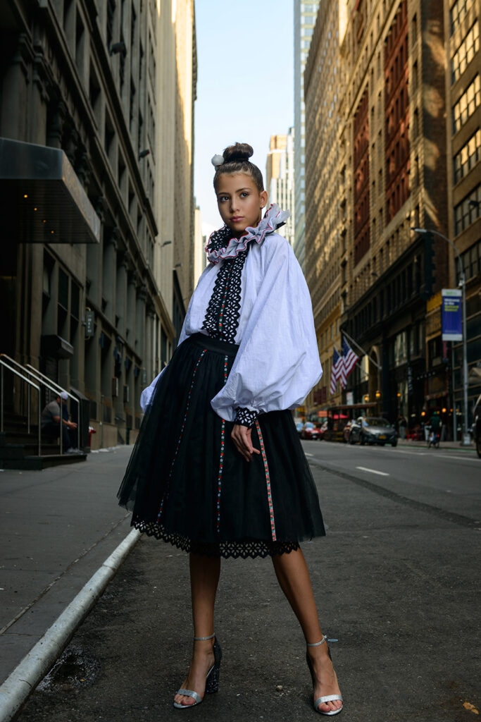 model on New York street wearing Romanian clothes