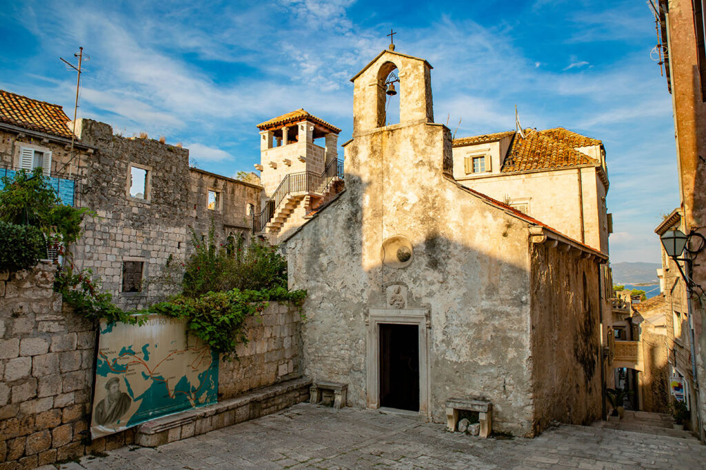 Croatia, Korcula. House of Marco Polo and the Church of St. Peter
