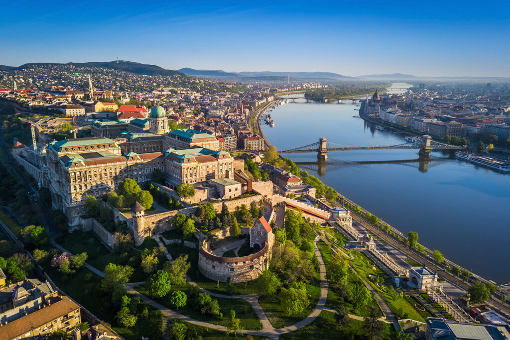 Beautiful aerial skyline view of Budapest at sunrise
