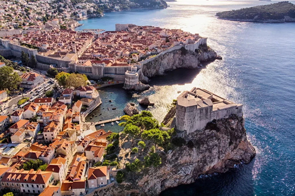 Aerial view of Saint Lawrence Fortress and Dubrovnik old town city walls