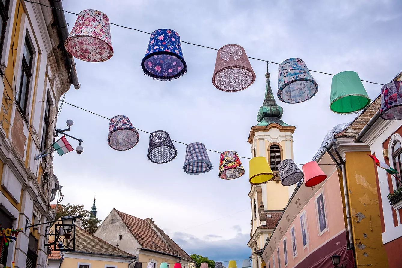 Close-up Decorative lampshades decorating the streets of Szentendre, Hungary