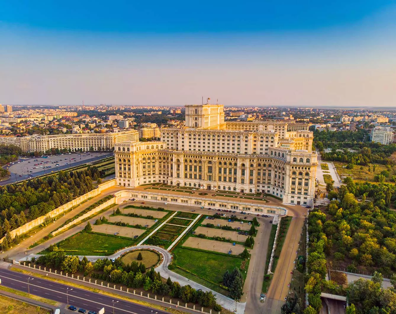Parliament building or People's House in Bucharest city Aerial view at sunset