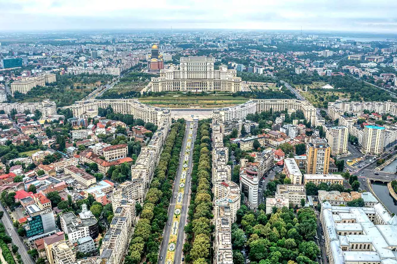 Palace of Parliament in Bucharest City Centter Capital of Romania seen by drone