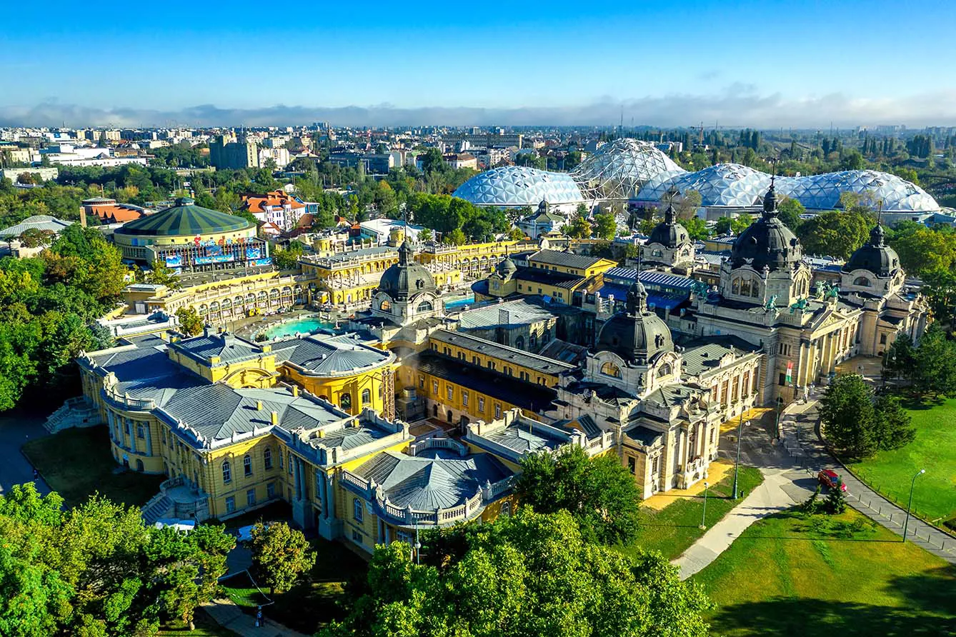 Aerial view of Szechenyi spa thermal bath with futuristic looking zoo in Budapest Hungary