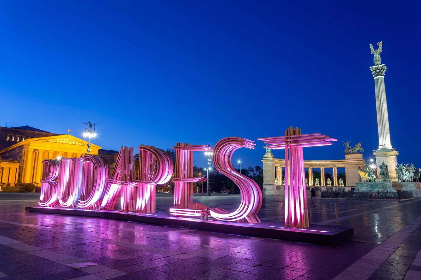 Hero's Square in Budapest with BUDAPEST sign