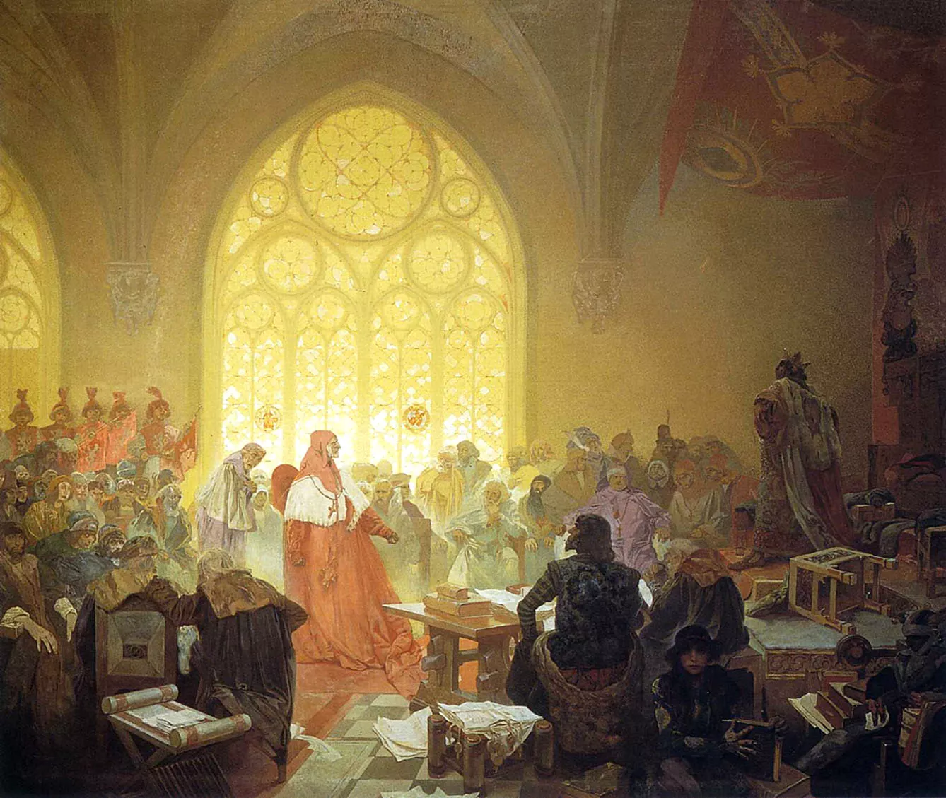 A painting by Alphonse Mucha showing the first Hussite king, George of Podebrady.