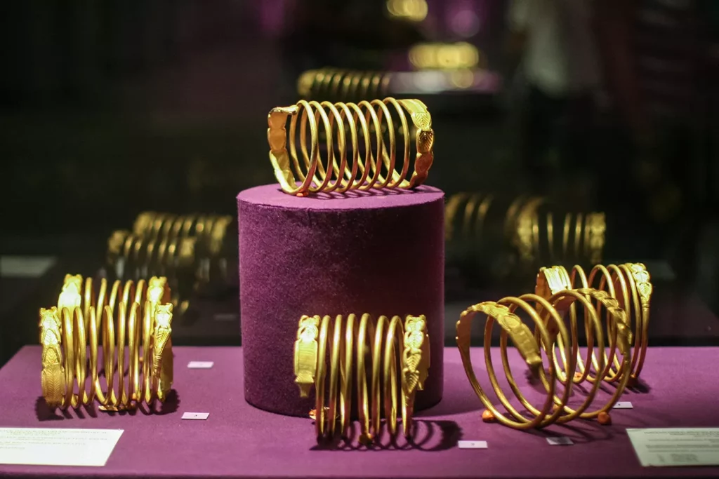 Dacian gold snake-shaped bracelets are displayed in the National History Museum of Romania