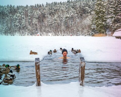 boy bathing and swimming in the cold water of a lake or river among the ducks, cold therapy, ice swim with forest trees on background