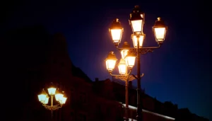 Night lantern illumination in Timisoara, Romania. An antique street lamp in the style of the vintage.