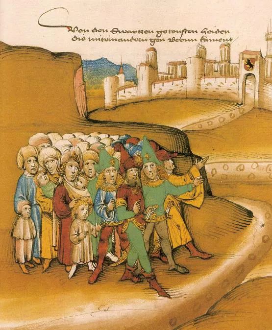 First arrival of the Romanies outside Bern in the 15th century, described by the chronicler as getoufte heiden
