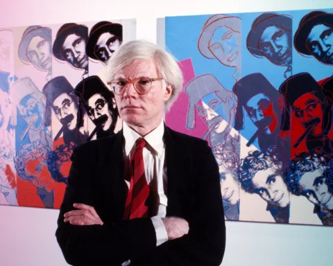 American Pop Artist Andy Warhol, half-length Portrait in front of Marx Brothers Screen-print