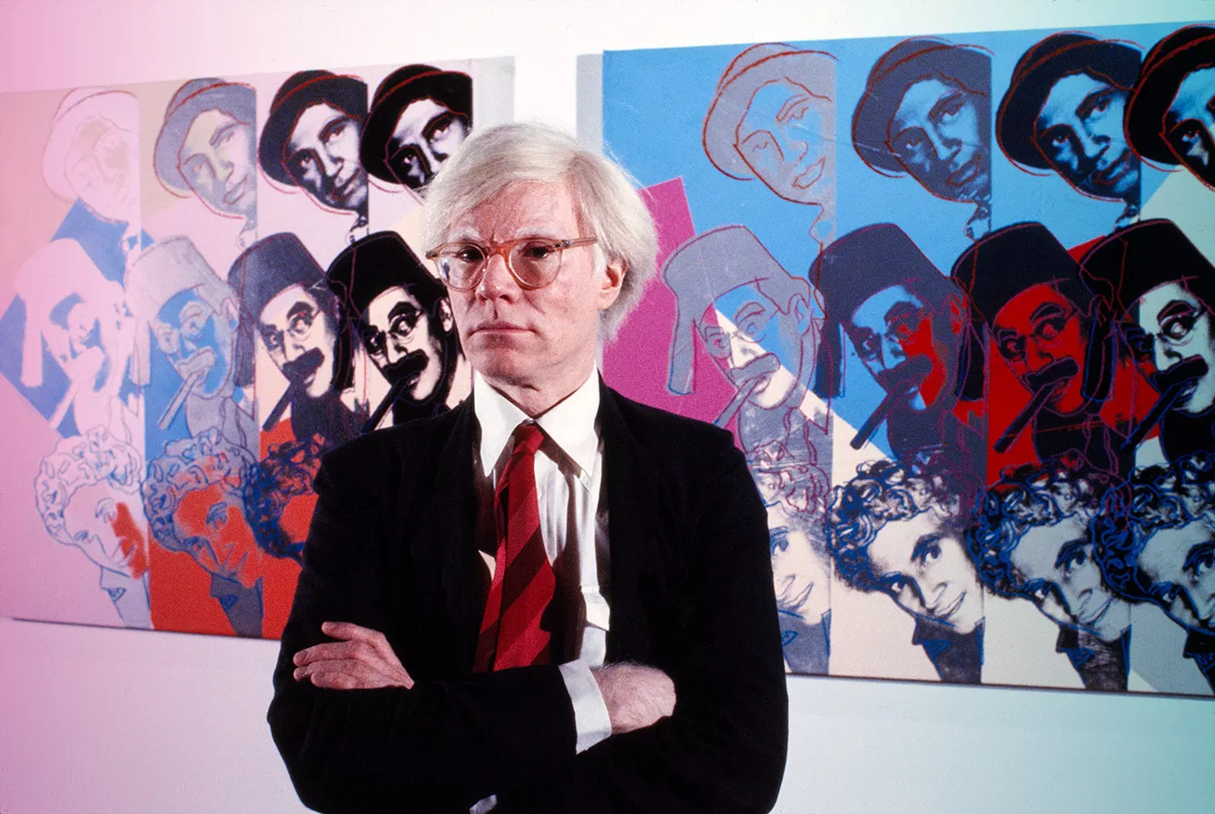 American Pop Artist Andy Warhol, half-length Portrait in front of Marx Brothers Screen-print