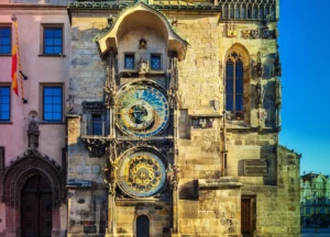 View of the astronomical clock tower in Prague, Czech Republic