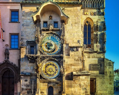 View of the astronomical clock tower in Prague, Czech Republic