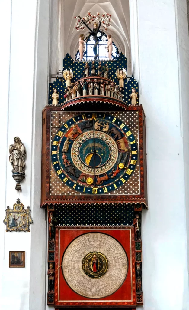 Medieval lunar calendar and zodiac in the Church of the Virgin Mary in Gdansk, Poland. Interior of an ancient catholic church