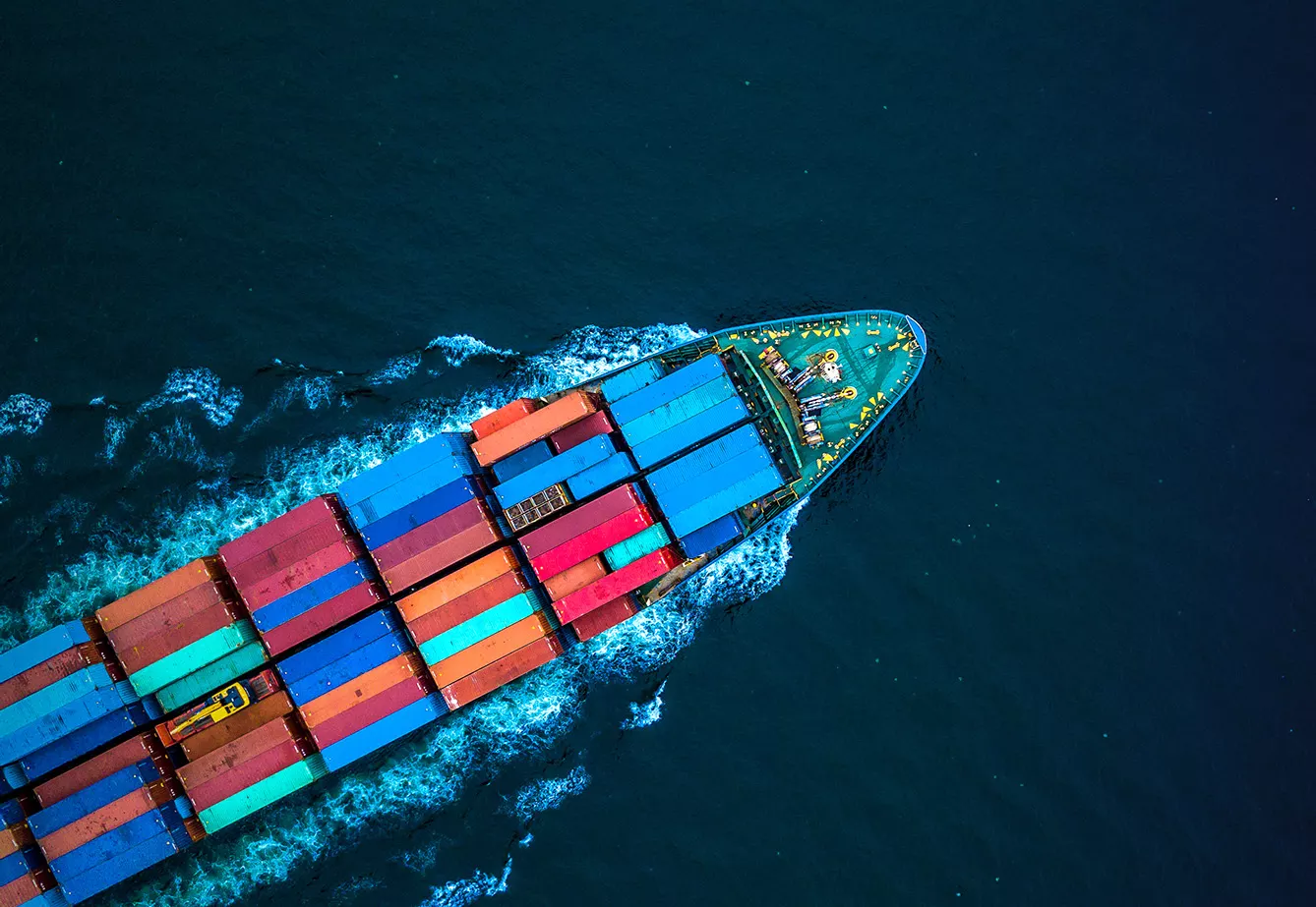Aerial view from drone, cargo shipping business logistic export freight transportation by container ship in open sea, Container loading cargo freight ship boat