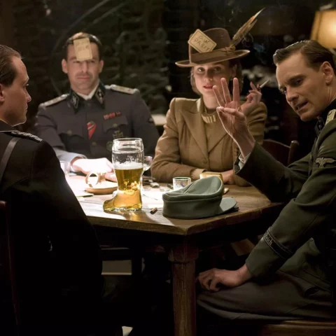 still from Inglourious basterds movie with August Diehl, Gedeon Burkhard, Diane Kruger, Michael Fassbender