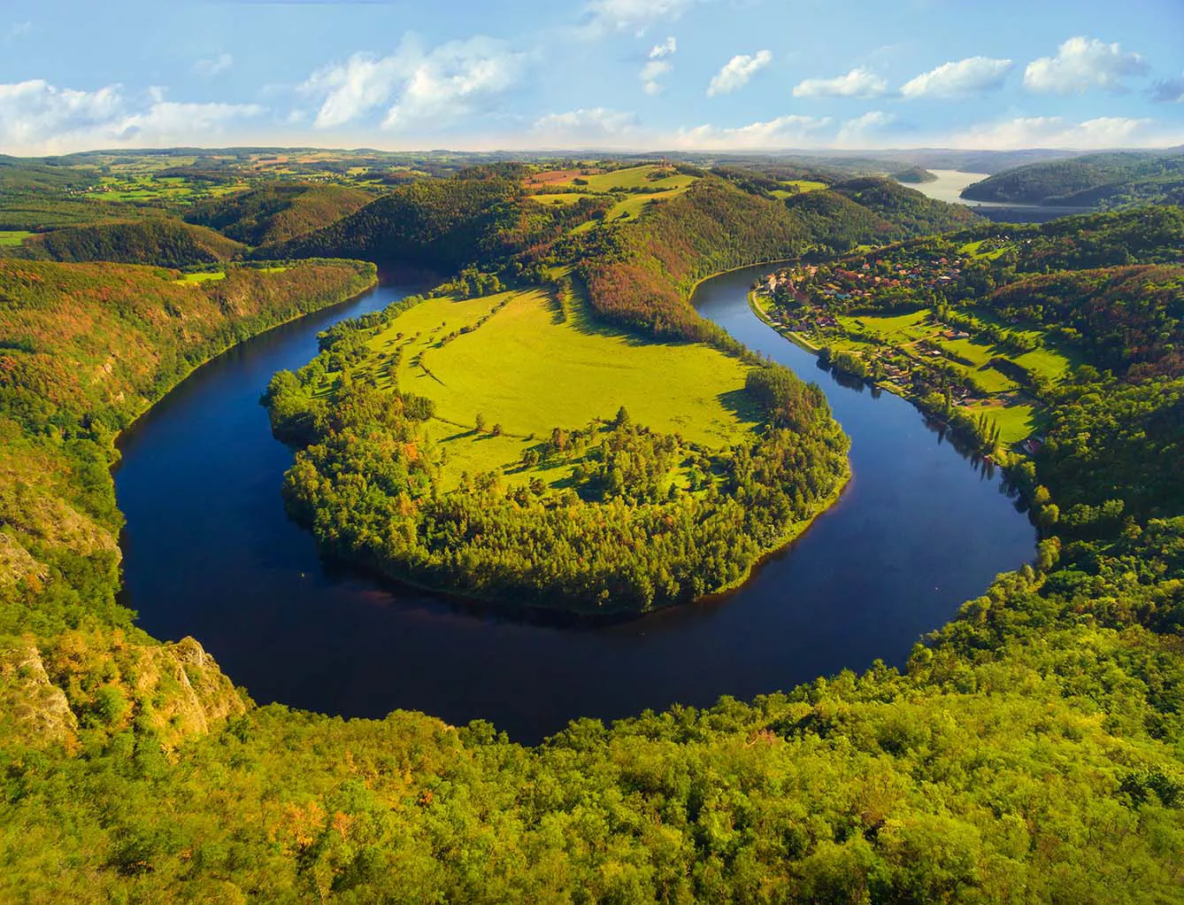 Horseshoe shape of Vltava River. Aerial view to amazing scenery close The Orlik reservoir. Most beautiful landscape in Czech Republic, Central Europe