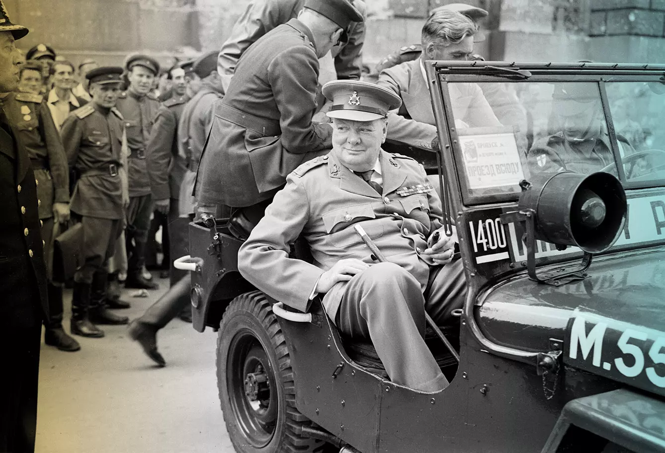 Winston Churchill in a jeep