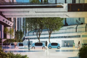 Futuristic city center with electric vehicles and people