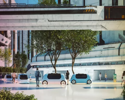 Futuristic city center with electric vehicles and people