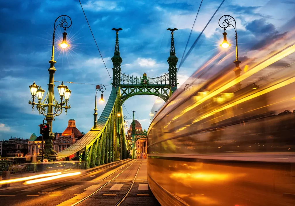 Moving Trams on Margaret Bridge, Budapest