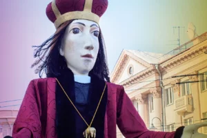 Giant figure of Saint Casimir carrying by people at traditional theatrical Kaziukas