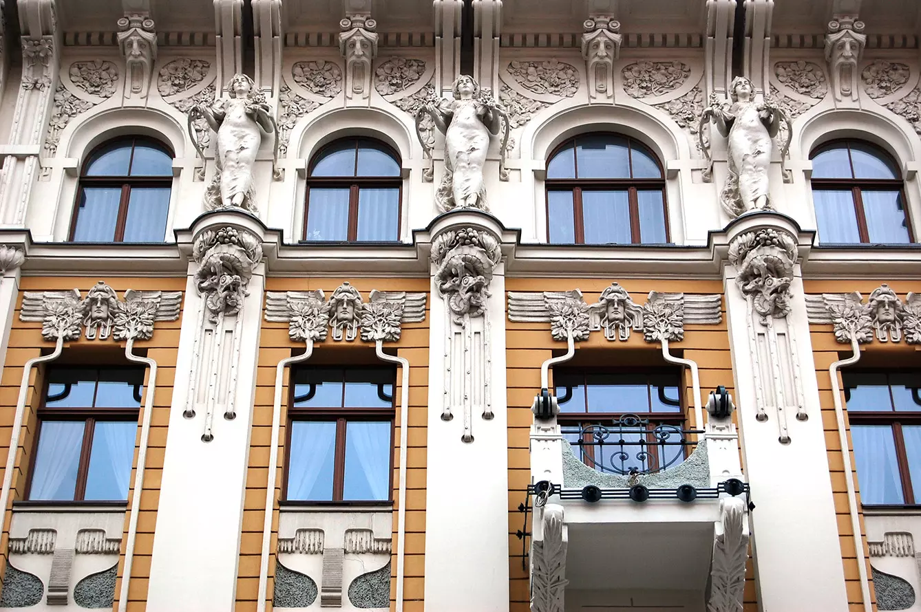 Stunning Art Nouveau architecture in Riga, details in exterior of building facade