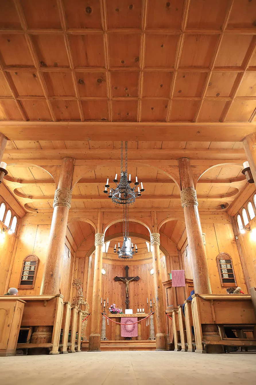 Interior of the old wooden temple Vang (Wang). Medieval Norwegian stave church which was transferred from Vang in Norway to Karpacz