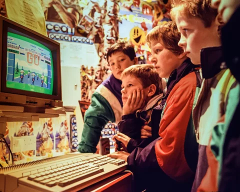 A group of children in a computer shop gathered round an Atari ST