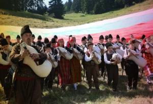 Rhodope bagpipers playing tunes on a famous Rozhen folklore festival
