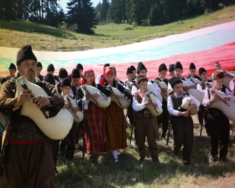 Rhodope bagpipers playing tunes on a famous Rozhen folklore festival