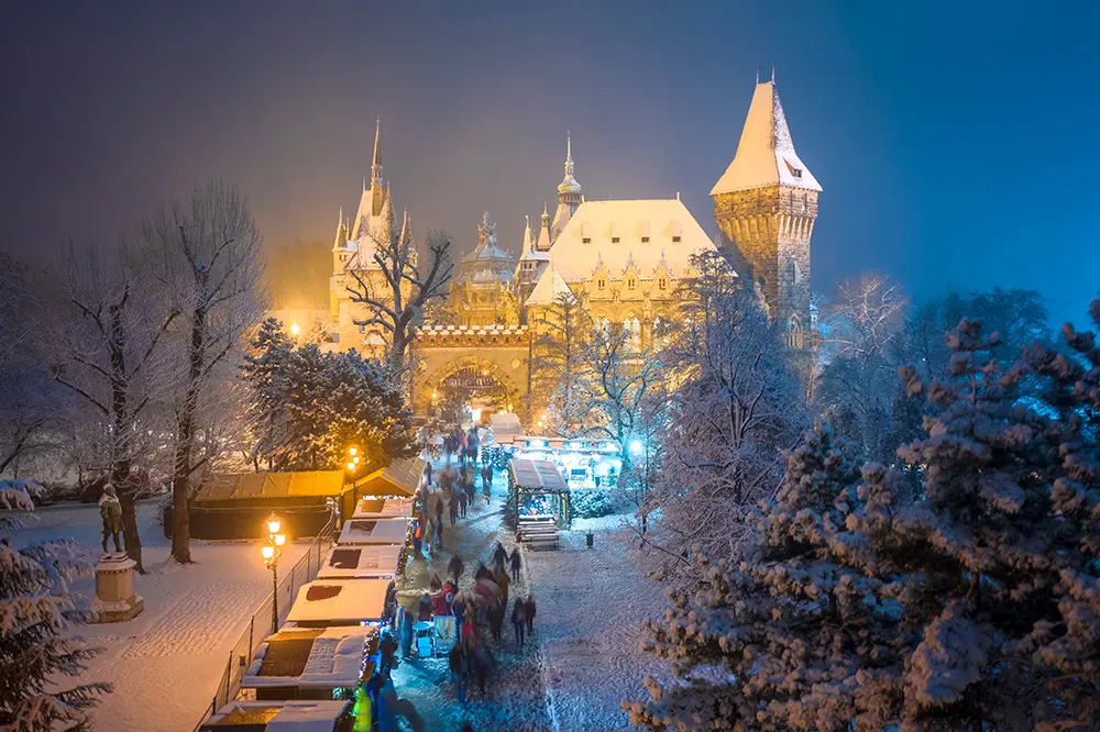 Budapest, Hungary - Christmas market in snowy City Park Varosliget from above at night with snowy trees and Vajdahunyad castle at background