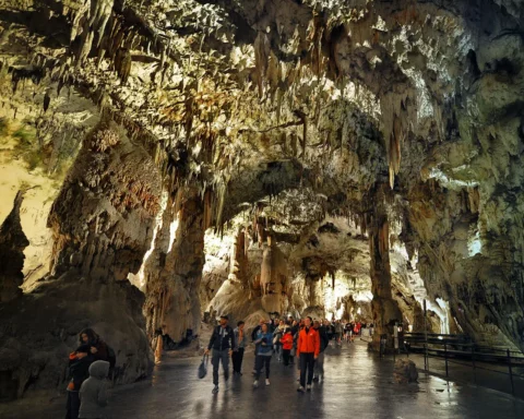 Stalactites and stalagmites inside the Postojna cave