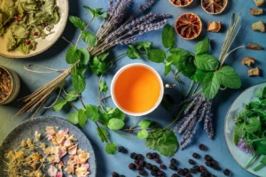 Cup of herbal tea and an assortment of ingredients, herbs, fruits and flowers