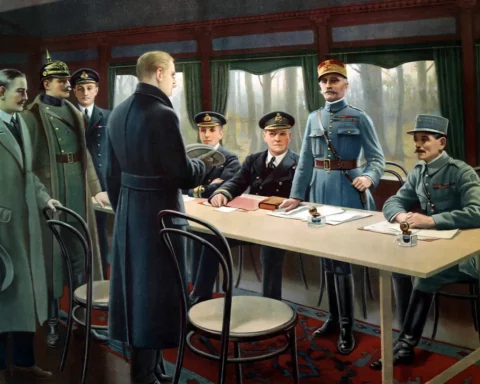 Painting depicting the signature of the armistice in the railway carriage