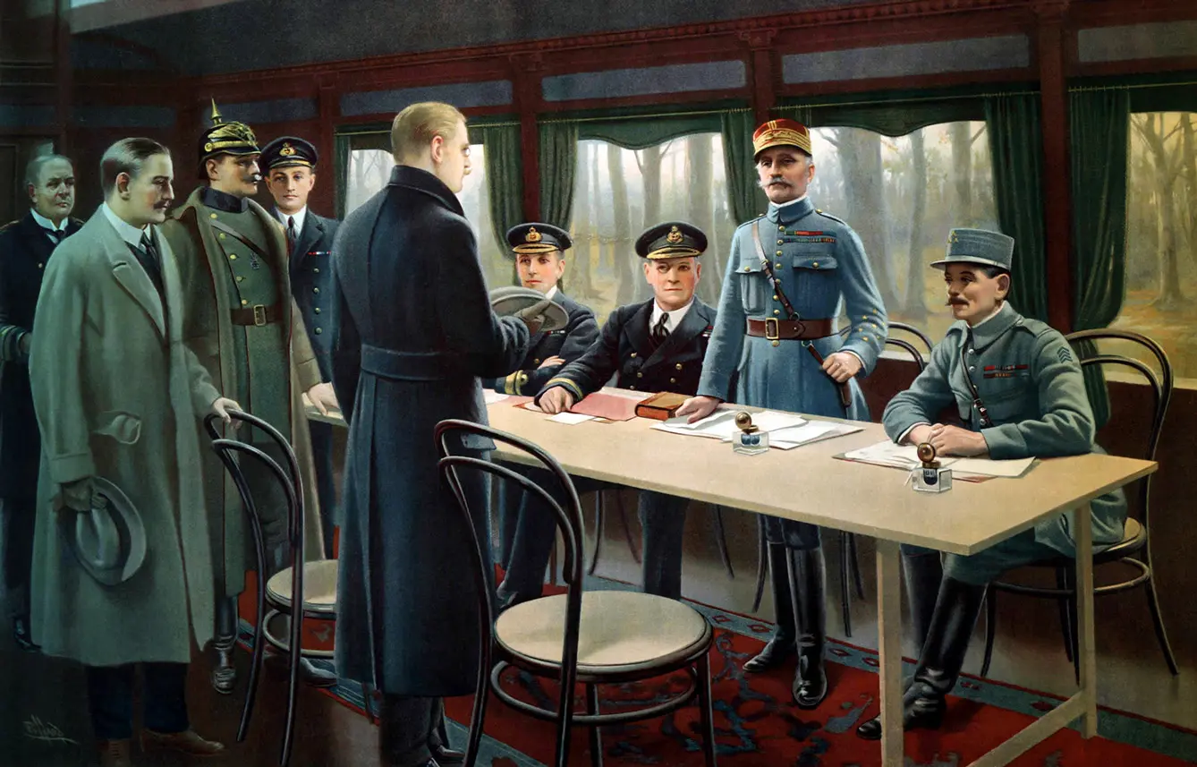 Painting depicting the signature of the armistice in the railway carriage