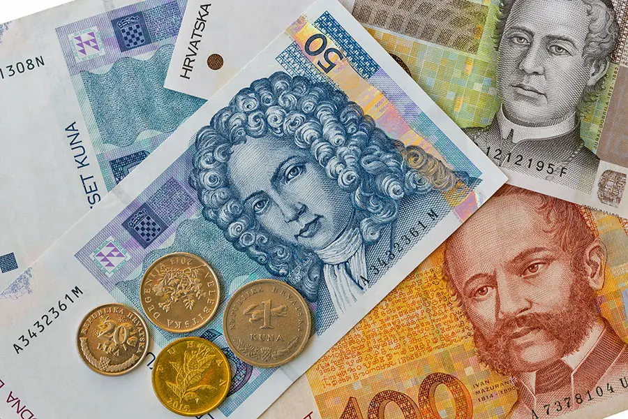 Set of Croatian currency banknotes and coins macro.