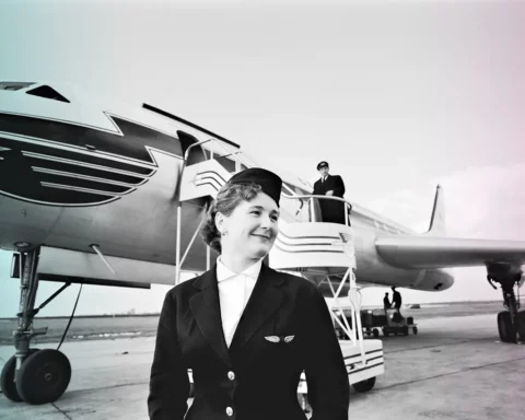 Ruzyne Airport in Prague. Archive photo of flight attendant in front of the plane