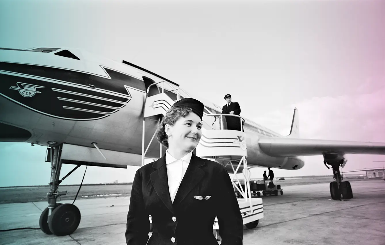 Ruzyne Airport in Prague. Archive photo of flight attendant in front of the plane