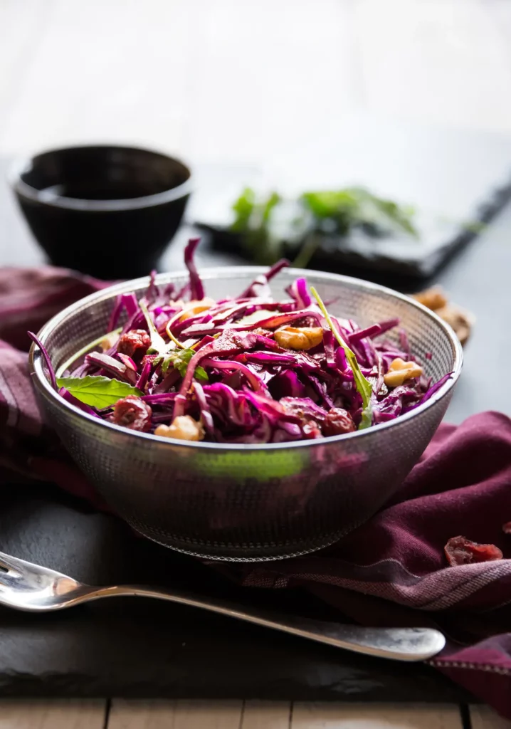 Delicious red cabbage salad. Cut red cabbage