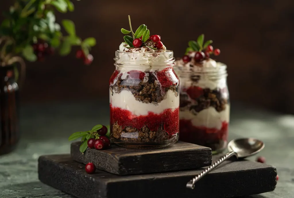 Latvian traditional rye whole grain bread layered dessert with whipped cream and cowberry jam served in glass jars on brown wooden board berries